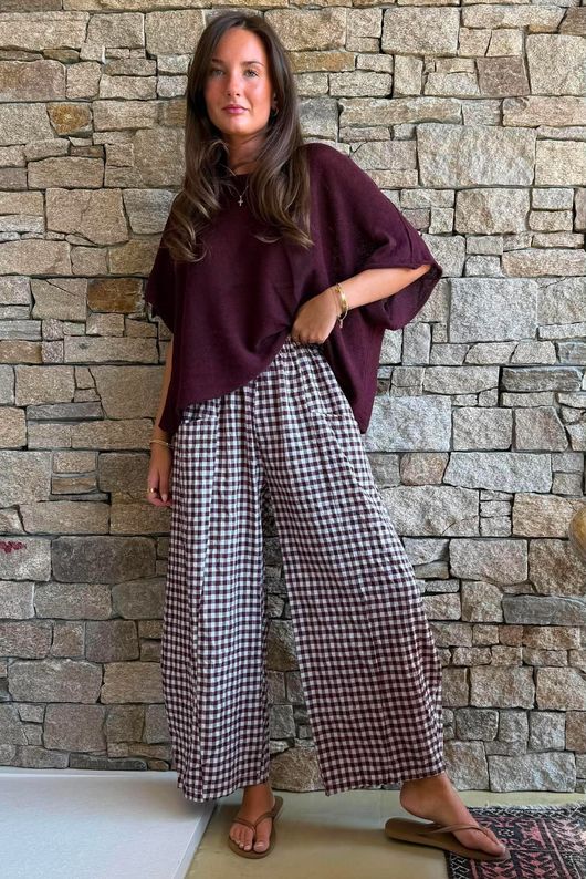 Nonni Gingham Relaxed Barrel Pant Aubergine